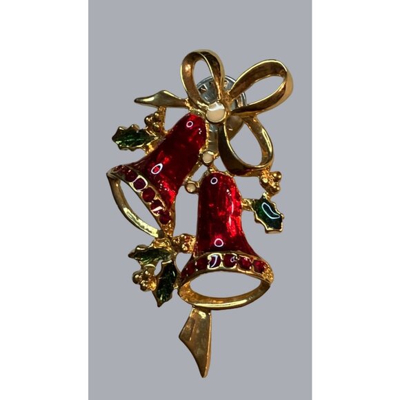 Vintage Gold-Tone Red Enamel Christmas Bell Brooch With Holly  Bow Pin Jewelry - Picture 5 of 11